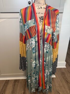 Three Bird Nest Multicolor Floral & Stripe Patchwork Maxi Cardigan